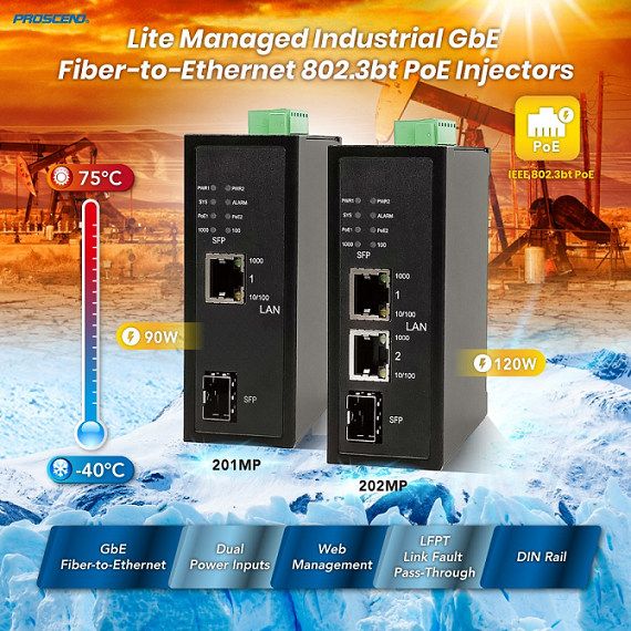 Proscend uvádza na trh 1-portové a 2-portové Lite riadené priemyselné GbE Fiber-to-Ethernet 802.3bt PoE injektory.
